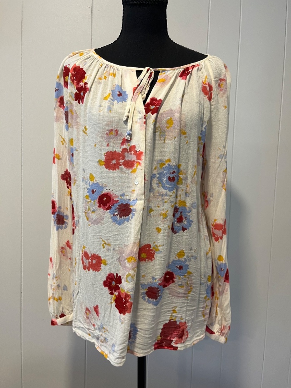 sz L Lucky Brand Ivory Floral Watercolor Peasant Top Tie Neck Boho